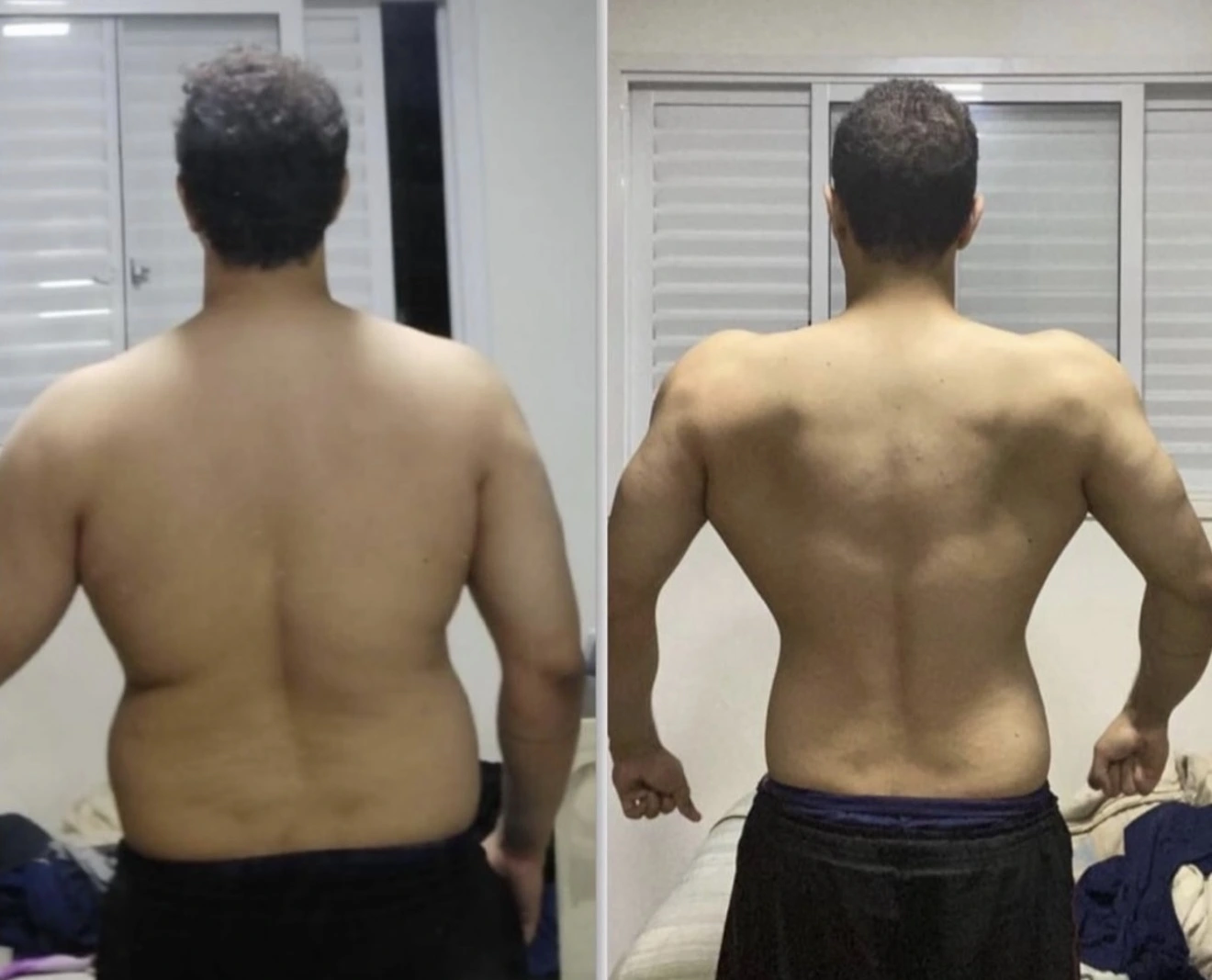 Antes e depois — perda de gordura e ganho muscular nas costas