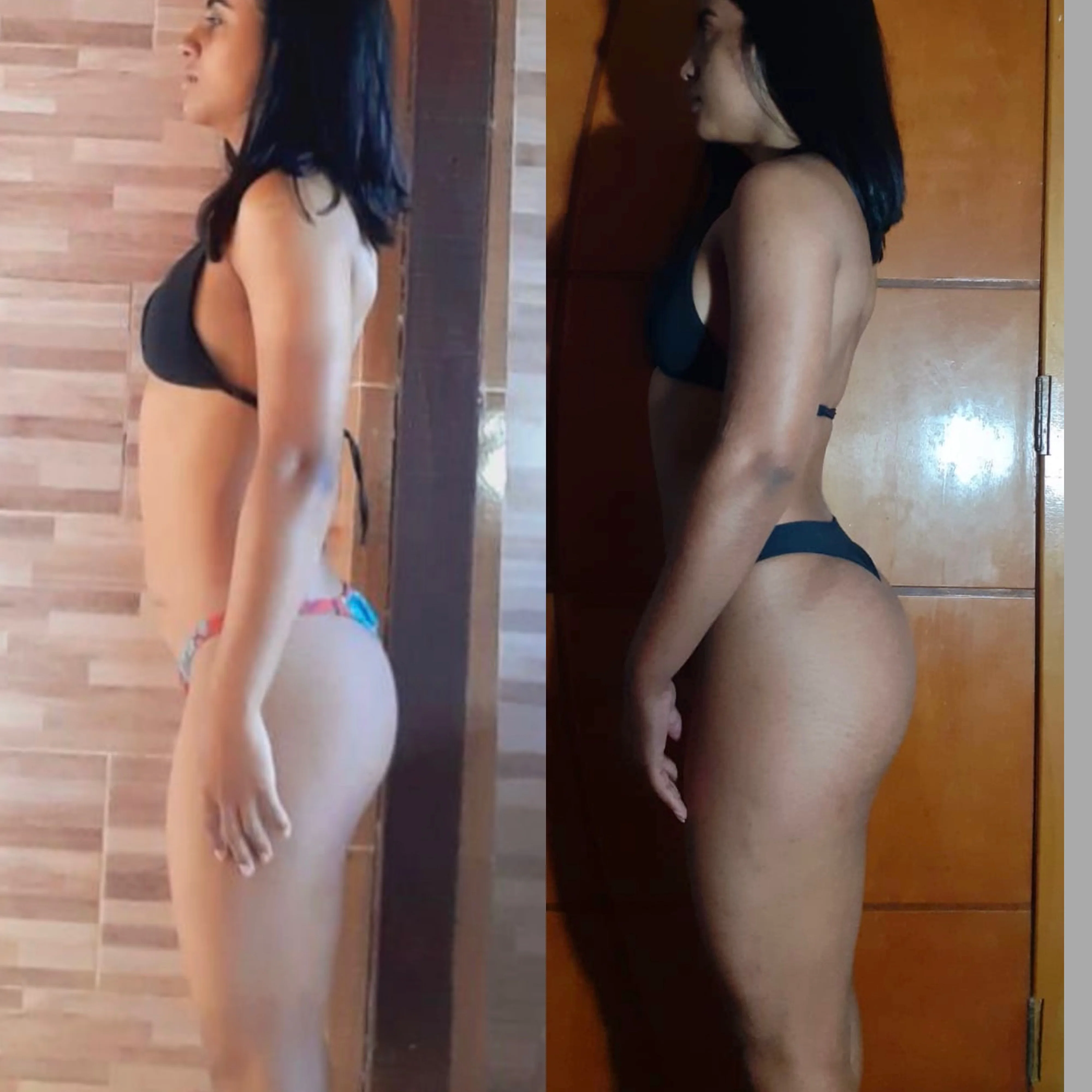 Antes e depois — evolução de glúteos e postura de aluna