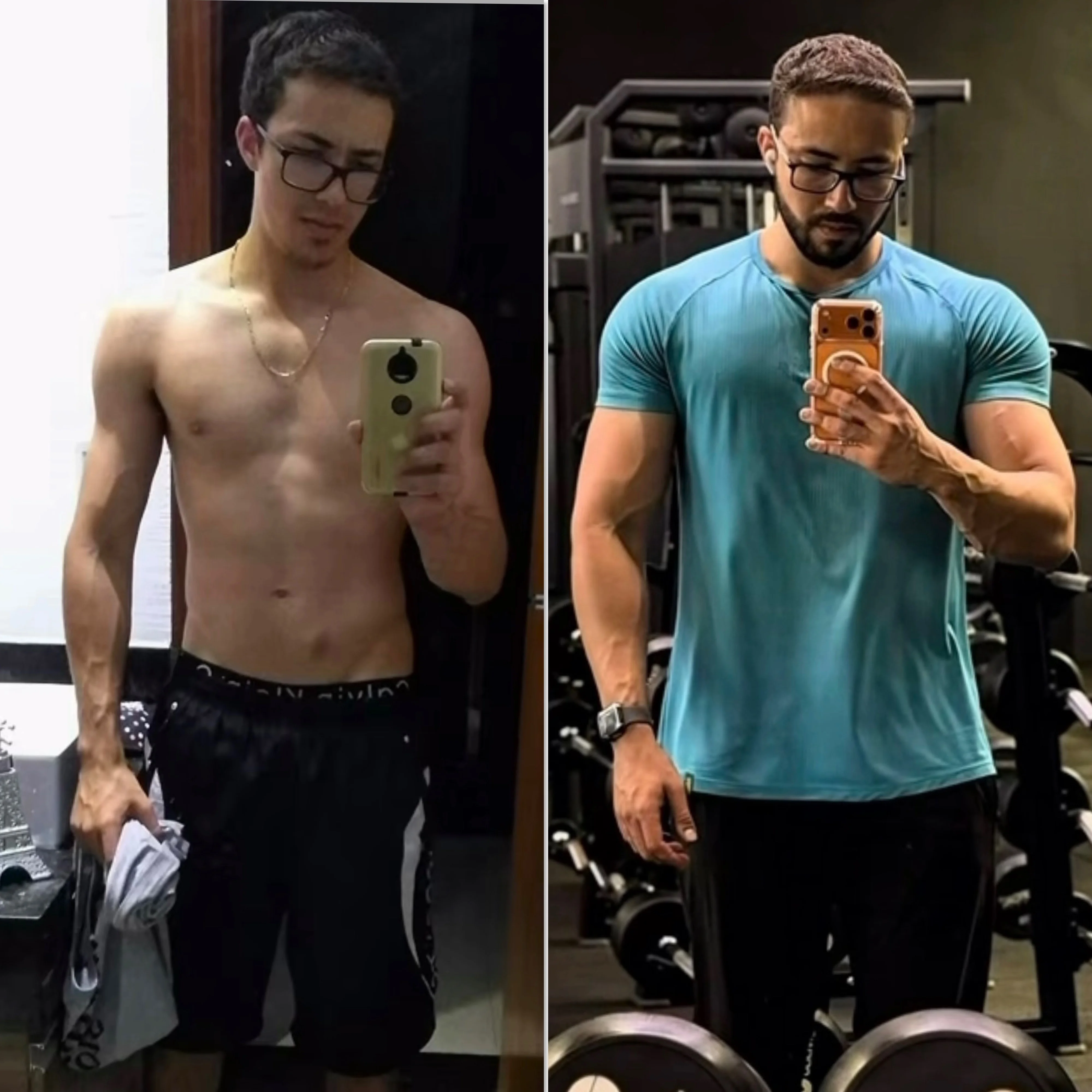 Antes e depois — ganho de massa muscular de aluno